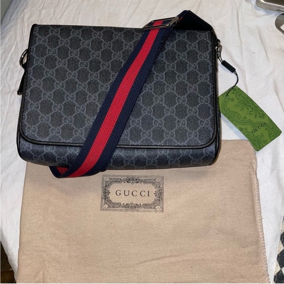 Monogram  Canvas NON DESIGNER Black Messenger Bag with Red and Blue Strap - Picture 8 of 8